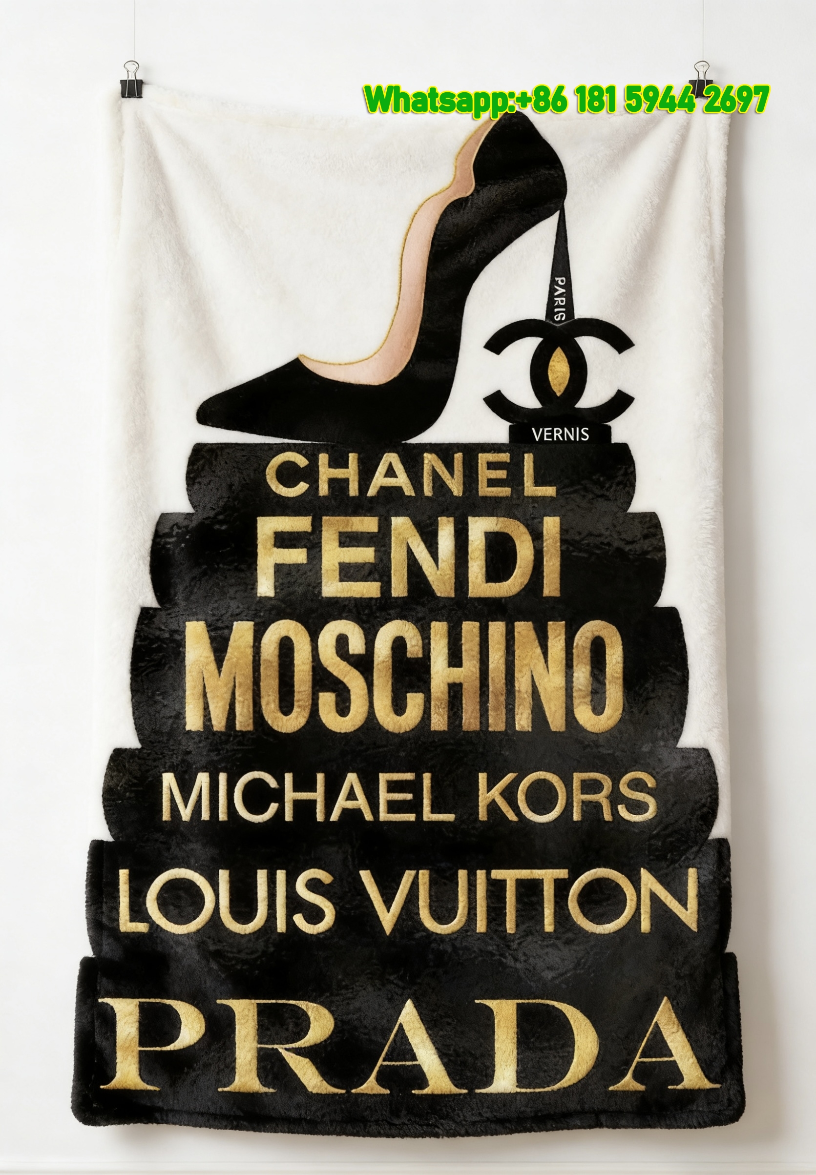 Fendi Black & Gold Luxury Brand Stack Flannel Throw Blanket IMG_9483
